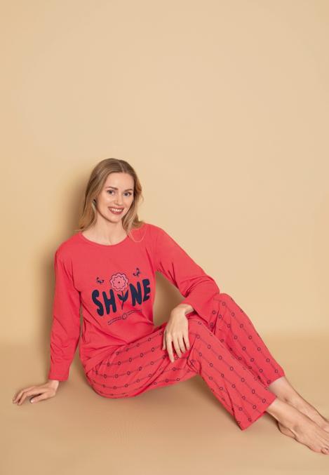 Pijama dama Serena-maneca lunga si pantalon lung, culoare coral ,Engros